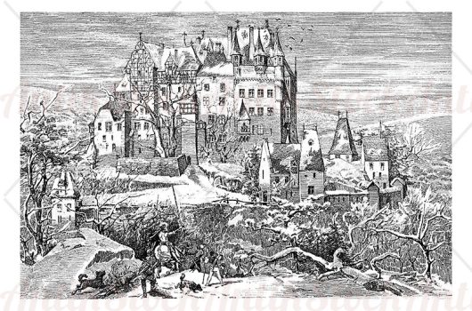 Engraving of Eltz castle in winter