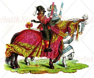 Middle ages knights with colorful saddlecloths on white background