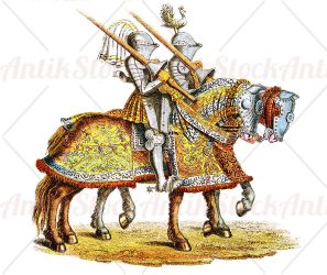 Middle ages knights with yellow saddlecloth on white background