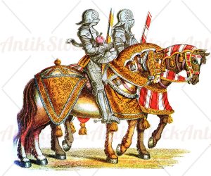 Middle ages knights with orange saddlecloth on white background