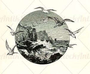 Vignette with a seagull flock flying on a stormy sea