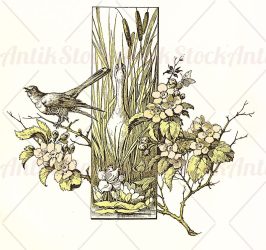 Vignette with spring flowers and a pond scene with goose