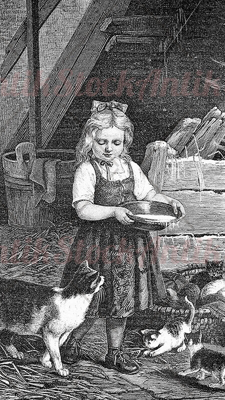 Peasant girl feeding kittens