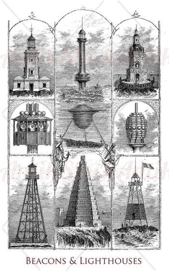 Beacon and lighthouses vintage illustration