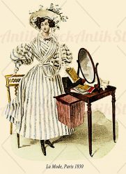 Fashionable lady with striped dress and mirror, 1830