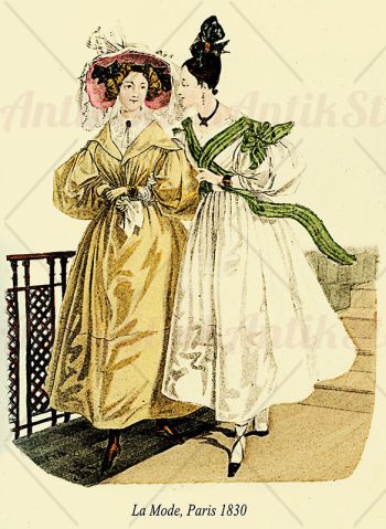 Two ladies with fancy dresses outside, 1830